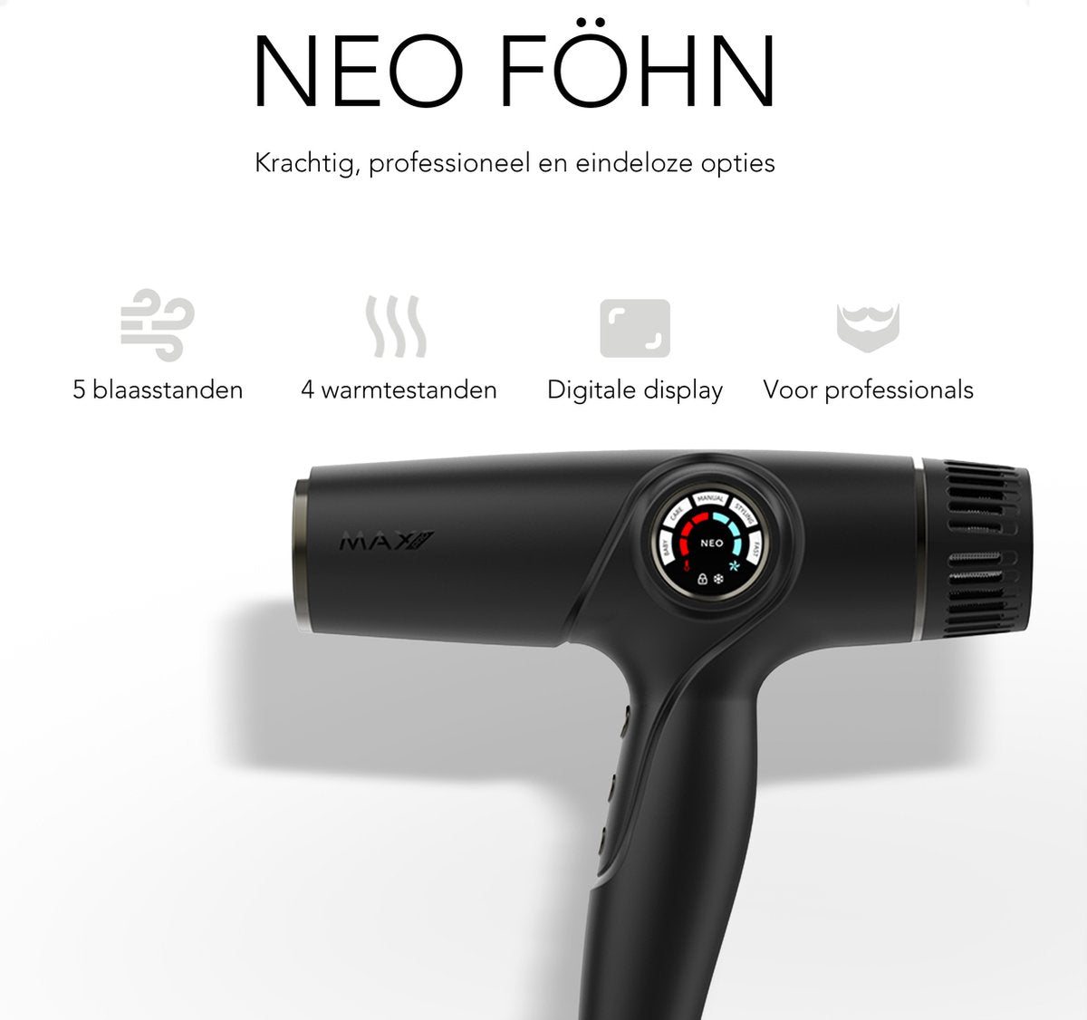 Max Pro NEO Föhn 2100W - Inclusief Diffuser en Twee Blaasmonden (93mm en 63mm) - Professionele Haardroger - Hair Dryer - Alle Haartypes - Snelle Droogtijd - Verminderd Haarbeschadiging - ION & Keramische Technologie - Zelfreinigende Functie