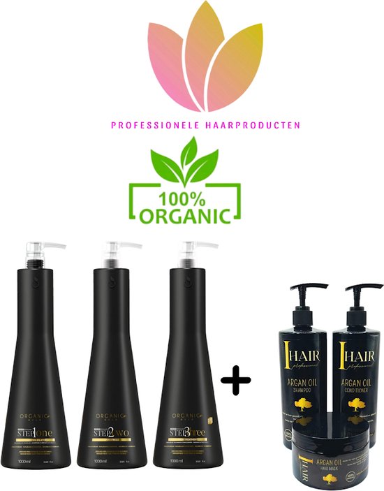 ORGANIC GOLD KERATINE & ORGANIC Onderhouds shampoo 500 ml & Conditioner 500 ml & masker 250 ml