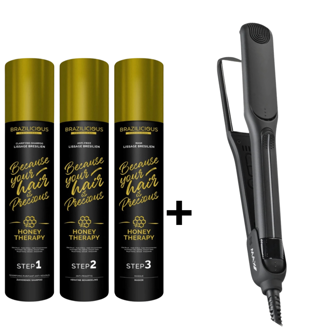 Actie voor de helft van de prijs! Max Pro Stijltang & BraziliCious Honey Therapy Keratine 3 x 1000 ml