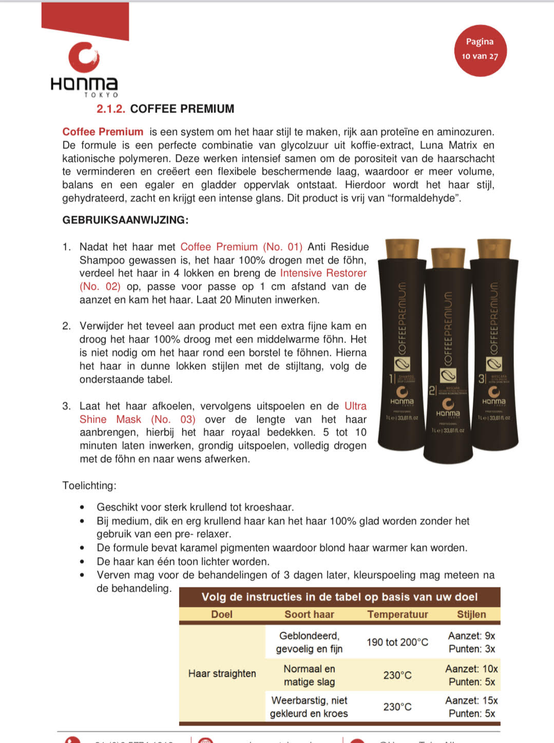 Honma Tokyo Keratine Treatment Coffee Premium+ stijtang Brazilicious Titanium & Gold 48K Therapy 250 º