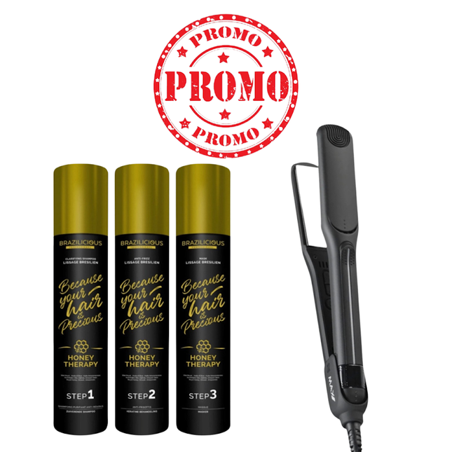 Actie voor de helft van de prijs! Max Pro Stijltang &amp; BraziliCious Honey Therapy Keratine 3 x 1000 ml