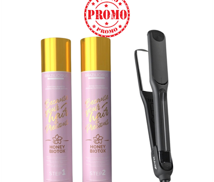 BraziliCious Biotox Honey &amp; Jasmineflower Keratine 2 x 1000ml &amp; Professionele Max Pro Stijltang