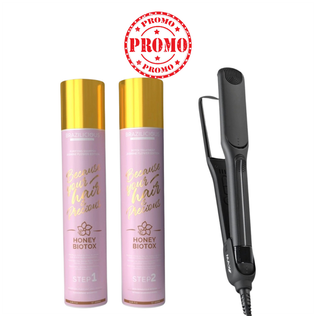 BraziliCious Biotox Honey &amp; Jasmineflower Keratine 2 x 1000ml &amp; Professionele Max Pro Stijltang