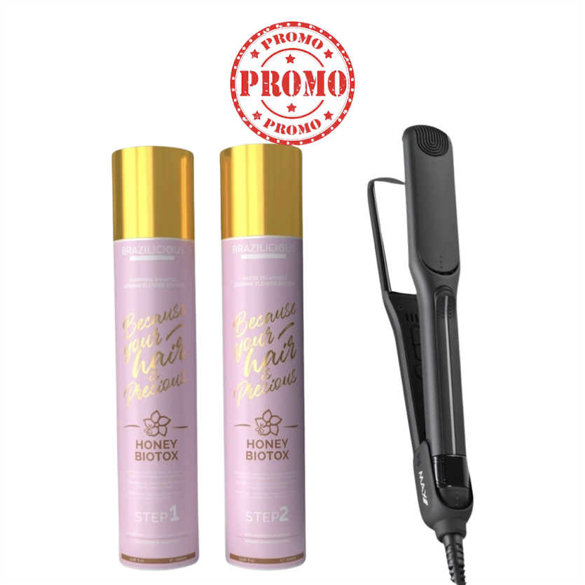 BraziliCious Biotox Honey &amp; Jasmineflower Keratine 2 x 1000ml &amp; Professionele Max Pro Stijltang
