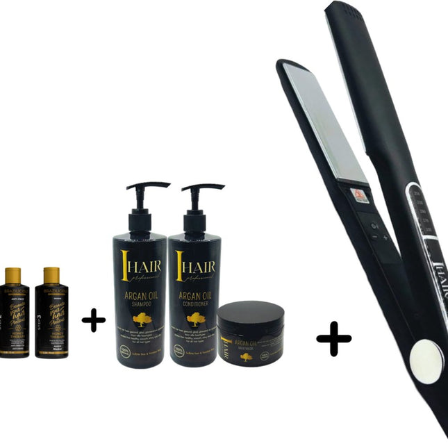 BraziliCious Honey Therapy Keratine 3 x 100 ml + I HAIR Stijltang 250 ° + Onderhoudsshampoo & Conditioner & Masqua