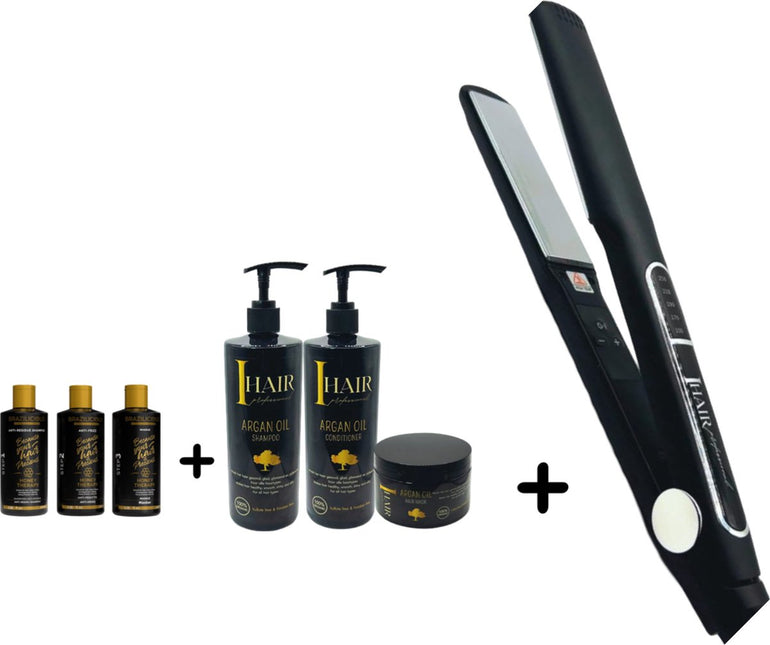 BraziliCious Honey Therapy Keratine 3 x 100 ml + I HAIR Stijltang 250 ° + Onderhoudsshampoo & Conditioner & Masqua