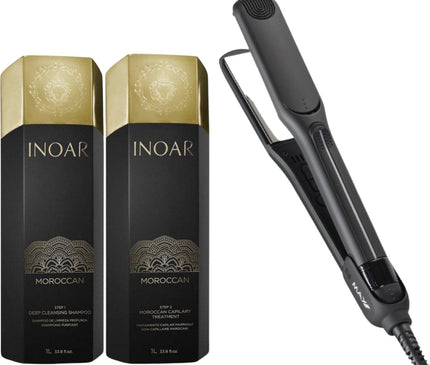 Inoar Moroccan 2 X 1000ml &amp; Keratin Shine Stijltang - Levenslange Garantie