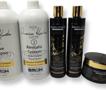 Keratin Caviar Kit 2 x 1000ml & Brazilicious Honey Shampoo & Conditioner & masker 3x250ml