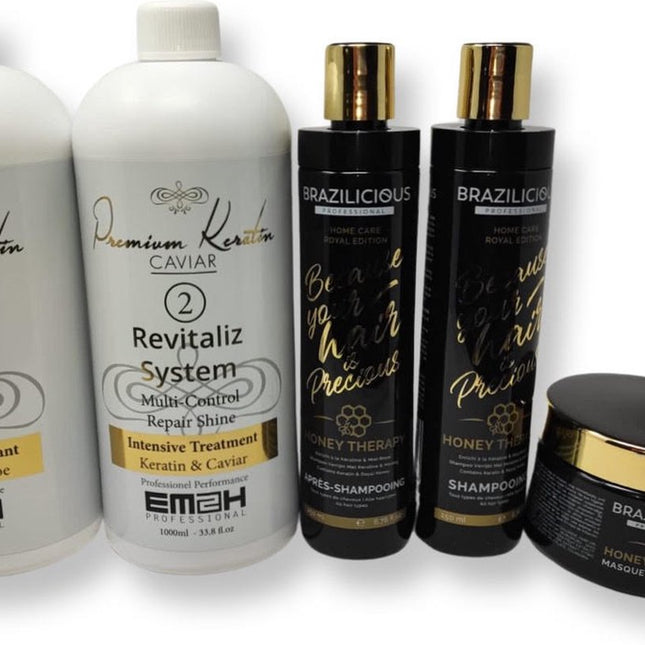 Keratin Caviar Kit 2 x 1000ml & Brazilicious Honey Shampoo & Conditioner & masker 3x250ml