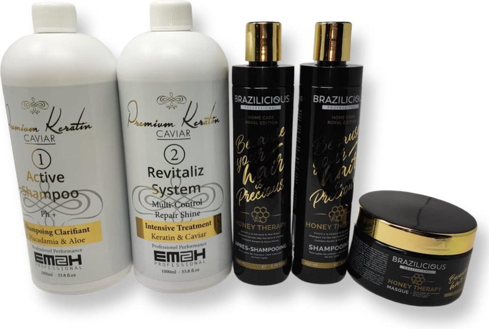 Keratin Caviar Kit 2 x 1000ml & Brazilicious Honey Shampoo & Conditioner & masker 3x250ml