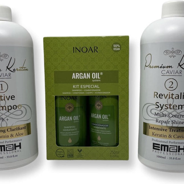 Keratin Caviar Kit 2 x 1000 ml & INOAR ARGAN OIL SHAMPOO & CONDITIONER