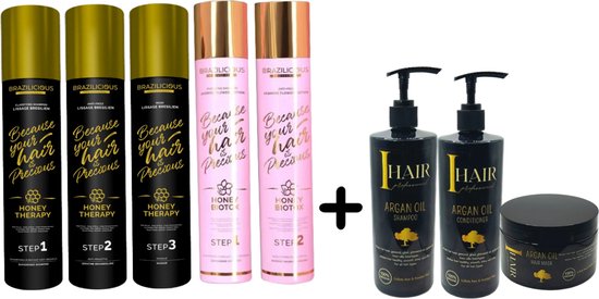 Brazilicious Honey therapy 3 x 1000ml &amp; Brazilicious BioTox 3 x 1000ml &amp; Onderhouds shampoo &amp; Conditioner &amp; Masqu I hair 100 % Organic