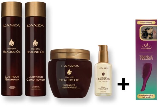 L'ANZA Keratin Healing Oil Lustrous Care Set - 300+250+210+50ml + Tangle Teezer Hair Brush