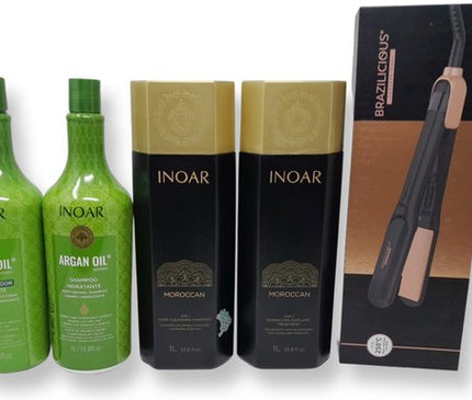 Inoar Moroccan 2x1000ml ORIGINAL keratine &amp; Inoar Argan Shampoo &amp; Conditioner &amp; Brazilicious Titanium &amp; Gold 48K Therapy 250 º