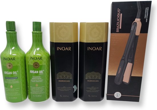 Inoar Moroccan 2x1000ml ORIGINAL keratine &amp; Inoar Argan Shampoo &amp; Conditioner &amp; Brazilicious Titanium &amp; Gold 48K Therapy 250 º