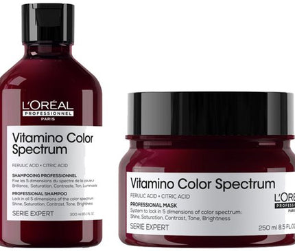 L'Oréal Professionnel Vitamino Color Spectrum Shampoo reinigt gekleurd haar grondig en helpt de kleur te vergrendelen dankzij ferulinezuur en citroenzuur. L'Oréal Professionnel Vitamino Color Spectrum Masker hydrateert, versterkt de haarvezel en behoudt de kleurintensiteit voor langdurige vibrantie. flaka.be