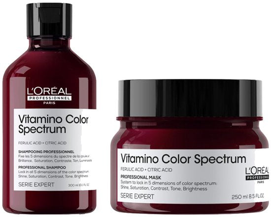 L'Oréal Professionnel Vitamino Color Spectrum Shampoo reinigt gekleurd haar grondig en helpt de kleur te vergrendelen dankzij ferulinezuur en citroenzuur. L'Oréal Professionnel Vitamino Color Spectrum Masker hydrateert, versterkt de haarvezel en behoudt de kleurintensiteit voor langdurige vibrantie. flaka.be