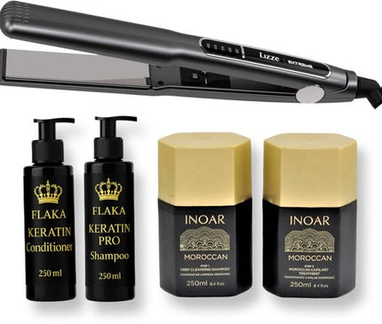 Inoar Moroccan Kit 250 ML & Lizze | Extreme Titanium Hair Straightener | Stijltang | 250°C / 220V & Glanzend Haar & Shampoo & Conditioner na Keratinebehandeling