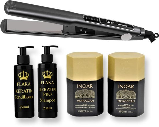 Inoar Moroccan Kit 250 ML & Lizze | Extreme Titanium Hair Straightener | Stijltang | 250°C / 220V & Glanzend Haar & Shampoo & Conditioner na Keratinebehandeling