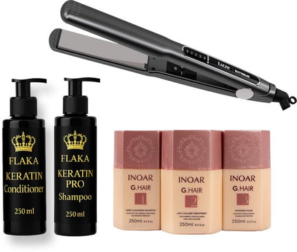 Inoar G HAIR keratine treatment kit 3x250ml & LIZZE TITANIO 480 F EXTREME & 250° C stijltang & Glanzend Haar & Shampoo & Conditioner na Keratinebehandeling