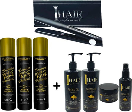 BraziliCious Honey Therapy Keratine 3 x 1000 ml + Lizze Stijltang 250 ° + Onderhoudsshampoo &amp; Conditioner &amp; Masqu &amp; Argan oil