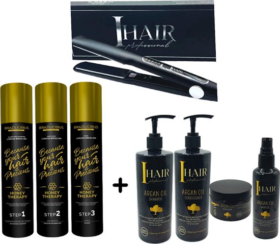 BraziliCious Honey Therapy Keratine 3 x 1000 ml + Lizze Stijltang 250 ° + Onderhoudsshampoo &amp; Conditioner &amp; Masqu &amp; Argan oil
