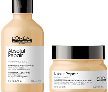 Productbeschrijving L'Oréal Serie Expert Absolut Repair Gold Shampoo en Haarmasker herstellen (zeer) beschadigd haar intensief. De shampoo ontklit, voedt en maakt het haar zichtbaar sterker en glanzender. Het haarmasker geeft een extra boost, hydrateert diep en sluit de haarschubben voor een gezond en veerkrachtig resultaat. flaka.be