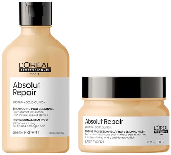 Productbeschrijving L'Oréal Serie Expert Absolut Repair Gold Shampoo en Haarmasker herstellen (zeer) beschadigd haar intensief. De shampoo ontklit, voedt en maakt het haar zichtbaar sterker en glanzender. Het haarmasker geeft een extra boost, hydrateert diep en sluit de haarschubben voor een gezond en veerkrachtig resultaat. flaka.be