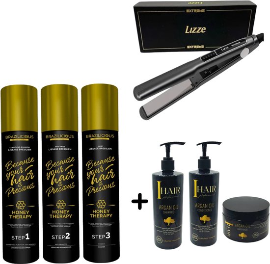 BraziliCious Honey Therapy Keratine 3x 000 ml + Lizze Stijltang 250°