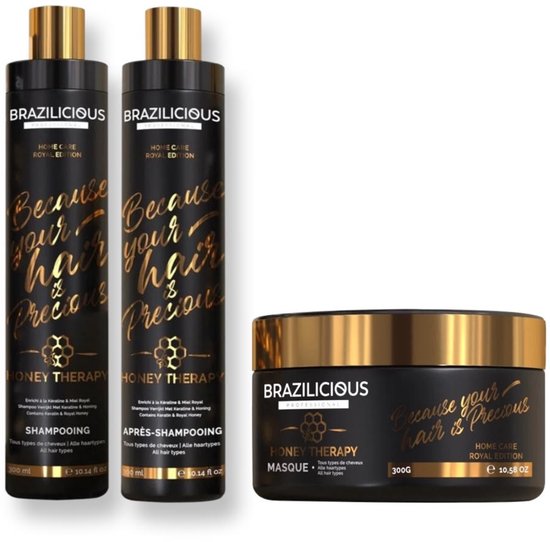 3 x 250 ml Onderhoudsshampoo & Conditioner & masker Ideaal om uw haar te onderhouden na een keratine behandeling. De shampoo van Brazilicious bevat Koninklijke Honing. Honing is algemeen bekend voor de voeding van de haarschubben. FLAKA.BE