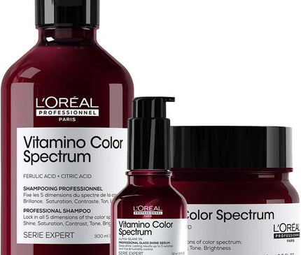 L'Oréal Professionnel Vitamino Color Spectrum Shampoo + Masker + Serum Voordeelset verzorgt en beschermt gekleurd haar. Deze complete set is verrijkt met ferulinezuur, citroenzuur en alpha-silane, waardoor je geniet van langdurige kleurbehoud, intense verzorging en een schitterende glasglans. flaka.be
