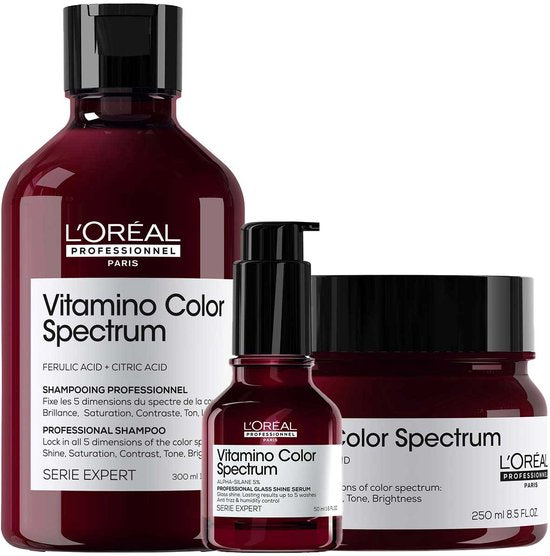 L'Oréal Professionnel Vitamino Color Spectrum Shampoo + Masker + Serum Voordeelset verzorgt en beschermt gekleurd haar. Deze complete set is verrijkt met ferulinezuur, citroenzuur en alpha-silane, waardoor je geniet van langdurige kleurbehoud, intense verzorging en een schitterende glasglans. flaka.be
