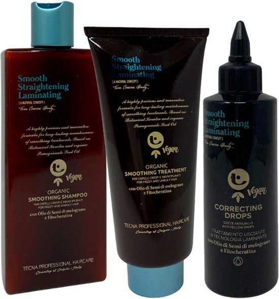 Tecna Smooth Straightening Laminating Organic Smoothing Shampoo 250ml Treatment 200ml Drops 150ml