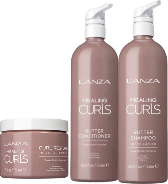Lanza - Healing Curls Butter - Shampoo - 1000 ml & Lanza - Healing Curls Butter - Conditioner - 1000 ml & Lanza - Healing Curls Restore Moisture Treatment - 177 ml