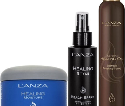 L'Anza Keratin Healing Oil Lustrous Finishing Spray 350ml & L'Anza Healing Style Beach Spray 100ml & L'Anza Healing Moisture Moi Moi Hair Masque 200ml
