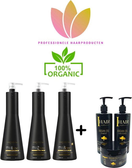 ORGANIC GOLD KERATINE & ORGANIC Onderhouds shampoo 500 ml & Conditioner 500 ml & masker 250 ml