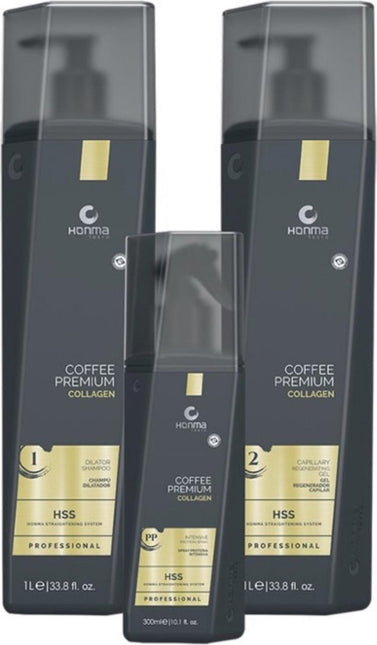 Honma Tokyo Coffee Premium Collagen maxi kit, 2x1000 ml&amp;1x300ml (step 1/2/PP) Keratine Treatment Keratin Behandeling