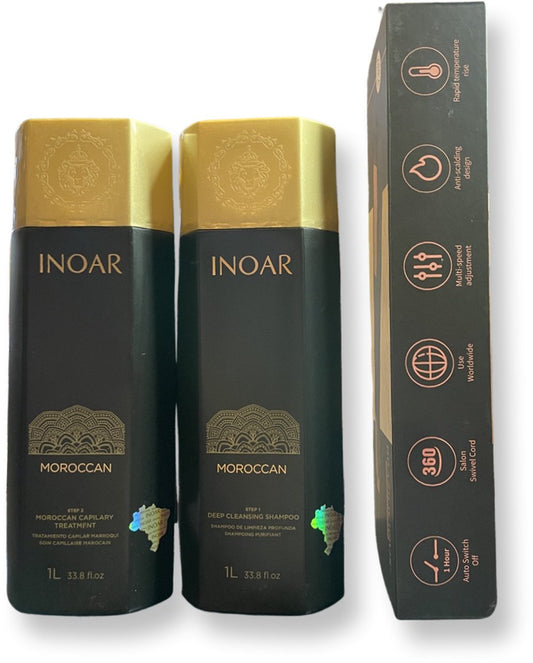 Inoar marokkaanse Keratin 2x1000ml & Brazilicious Titanium & Gold 48K Therapy 250 º