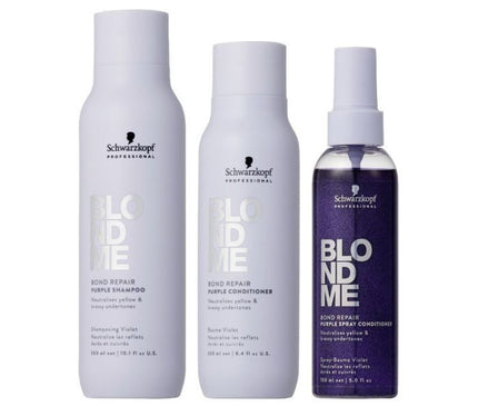 Schwarzkopf BlondMe Bond Repair Purple Shampoo 300ml + Conditioner 250ml + Spray Conditioner 150ml