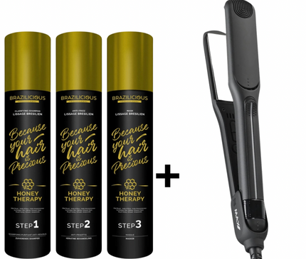Actie voor de helft van de prijs! Max Pro Stijltang &amp; BraziliCious Honey Therapy Keratine 3 x 1000 ml