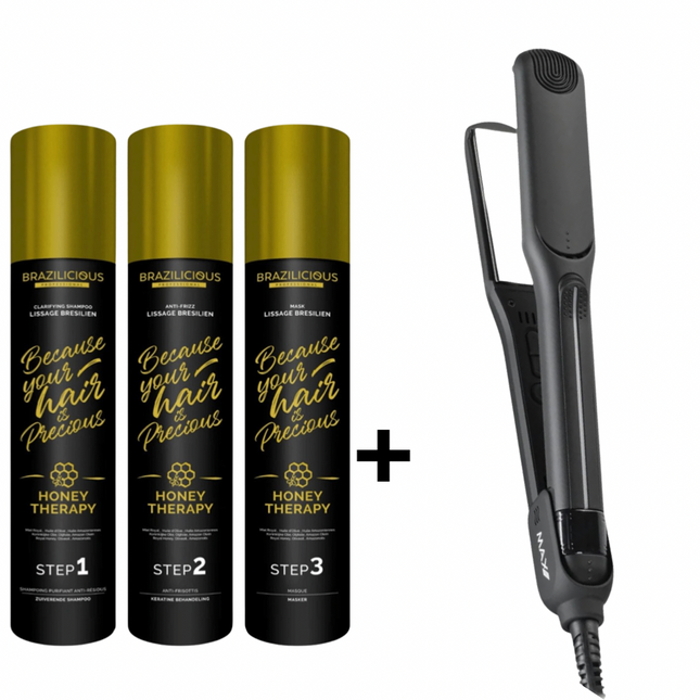Actie voor de helft van de prijs! Max Pro Stijltang &amp; BraziliCious Honey Therapy Keratine 3 x 1000 ml