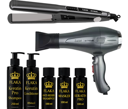 FlaKa Keratin Pro 100ml – Organische Keratinebehandeling voor Glad & Glanzend Haar & Shampoo & Conditioner na Keratinebehandeling & Lizze Extreme Titane Stijltang 250°c 480°F &  Lizze Extreme Haardroger 2400 WATTS