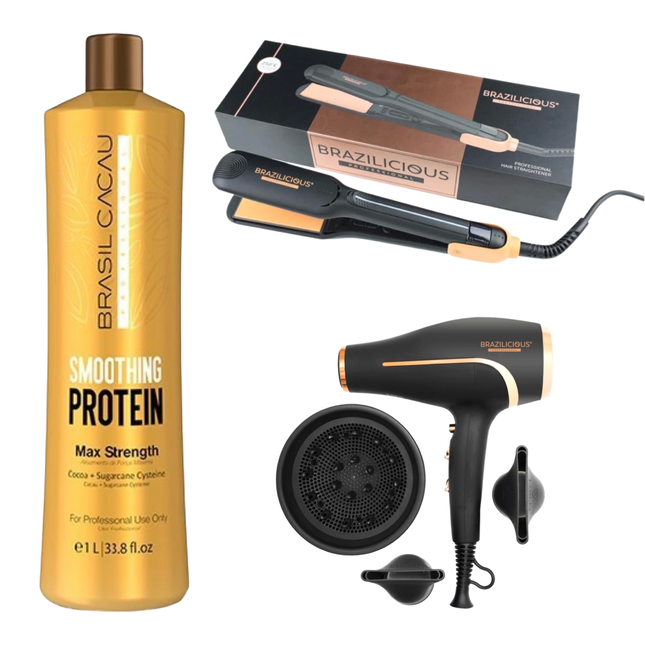 BRASIL CACAU Smoothing Protein + Brazilicious Titanium & Gold 48K Therapy 250 º +Brazilicious Vulcano TherapyHaardroger keratine behandeling