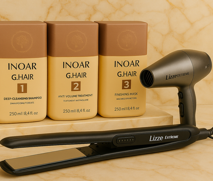 Inoar G Hair 3x250ml Original braziliaanse keratine behandeling treatment & LIZZE TITANIO 480 F EXTREME & 250° C stijltang & Lizze Extreme Haardroger 2400 WATTS
