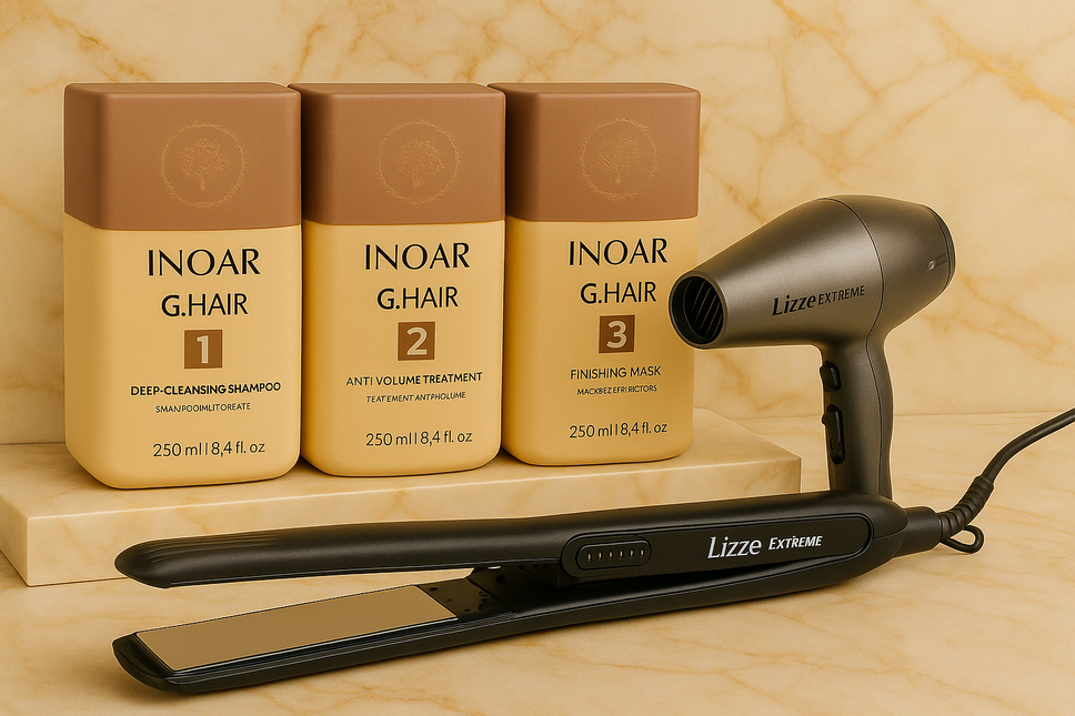 Inoar G Hair 3x250ml Original braziliaanse keratine behandeling treatment & LIZZE TITANIO 480 F EXTREME & 250° C stijltang & Lizze Extreme Haardroger 2400 WATTS