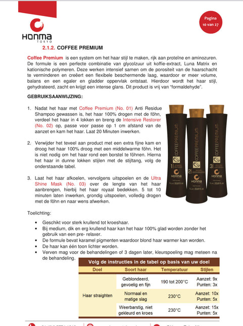 Honma Tokyo Keratine Treatment Coffee Premium+ stijtang Brazilicious Titanium &amp; Gold 48K Therapy 250 º